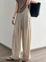 Elasticity Pleated Solid Color High Waisted Wide Leg Trousers Casual Pants Bottoms