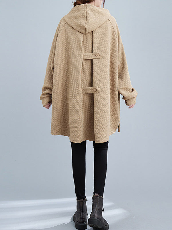 Buttoned Drawstring Pockets Solid Color Split-side High-low Long Sleeves Hooded Hoodies Tops