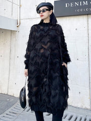 Asymmetric Mesh Pockets See-Through Solid Color Split-Joint Tasseled Irregularity Long Sleeves Stand Collar Midi Dresses