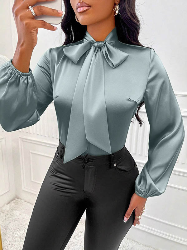 Bow-Embellished Pleated Solid Color Split-Joint Long Sleeves Loose Scarf Collar Blouses&Shirts Tops