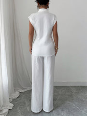 Lapel Short Sleeves Buttoned Solid Color Tied T-shirt Top + Pockets Pants Bottom Two Pieces Set
