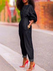 Split-Joint Puff Sleeves Round-Neck Jumpsuits