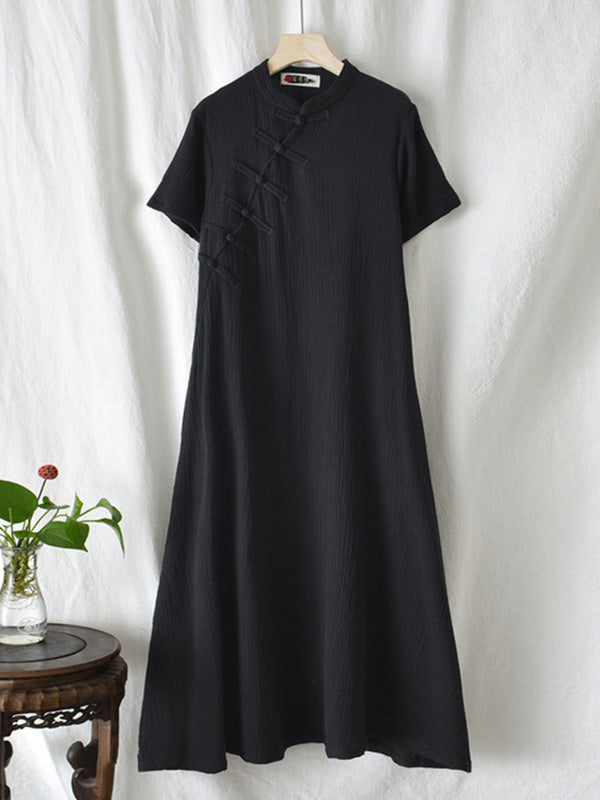 Frog Stand Collar Short Sleeve Loose Long Cheongsam