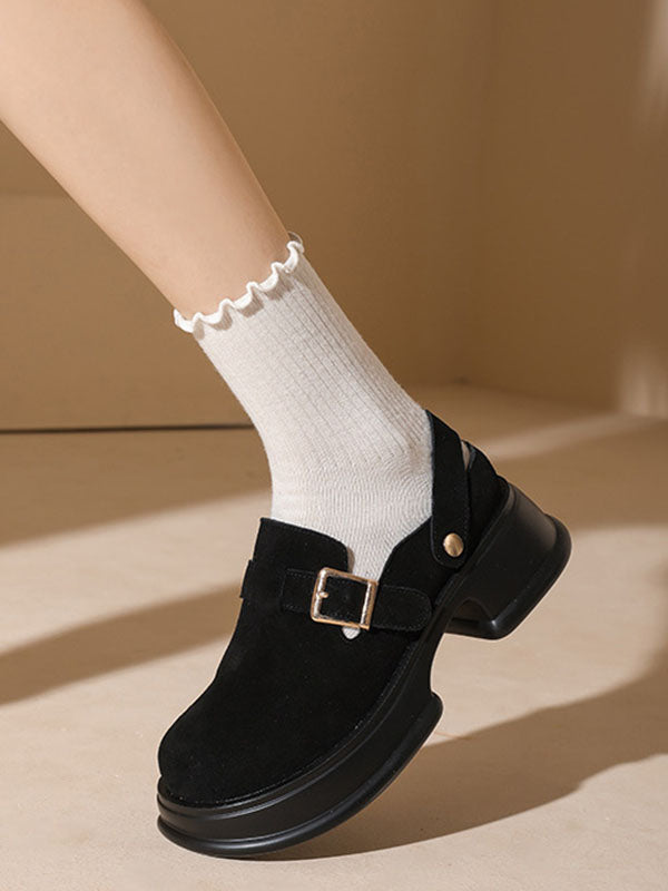 Belt Buckle Round-Toe Shallow Cut Split-Joint Platform Shoes Mary Janes