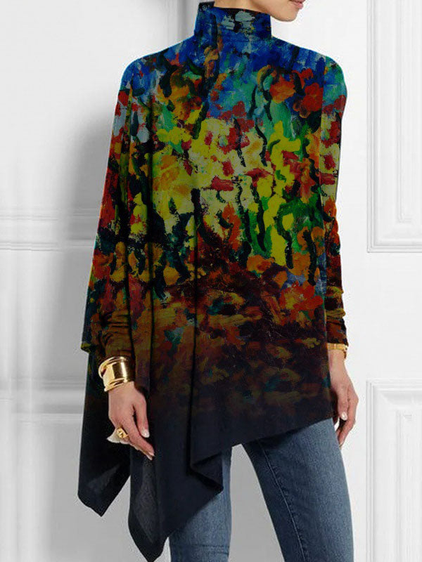 Asymmetric Printed Split-Side Batwing Sleeves Long Sleeves High Neck T-Shirts Tops