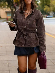 Leopard Tied Waist Long Sleeves Loose Blouses&shirts Tops