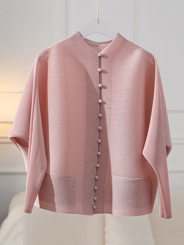 Buttoned Pleated Pockets Solid Color Long Sleeves Loose Round-Neck Outerwear