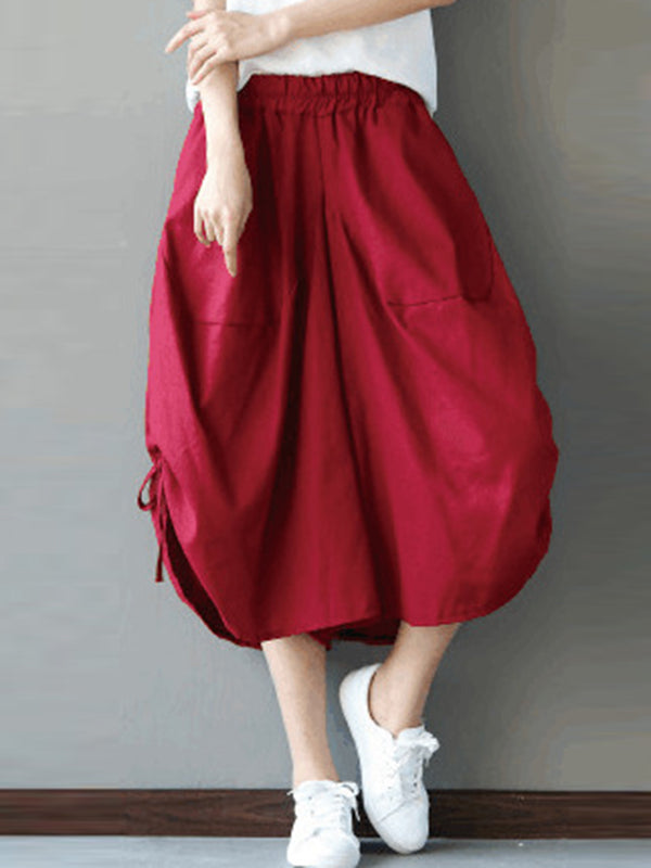 Drawstring Elasticity Solid Color Split-Joint High Waisted Loose Pants Cropped Trousers