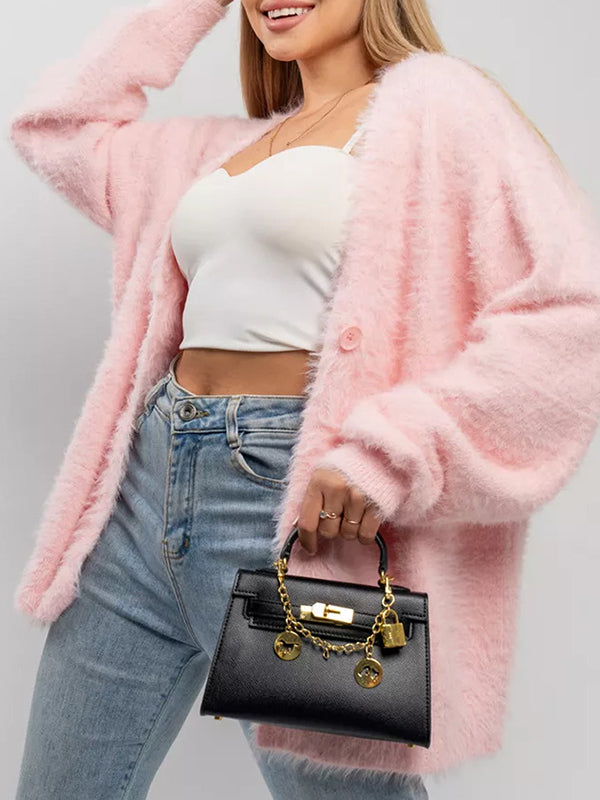 Buttoned Solid Color Long Sleeves Loose V-Neck Cardigan Tops