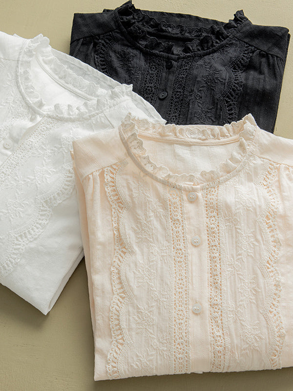 Embroidered Long Sleeves Loose Round-Neck Blouses&Shirts Tops