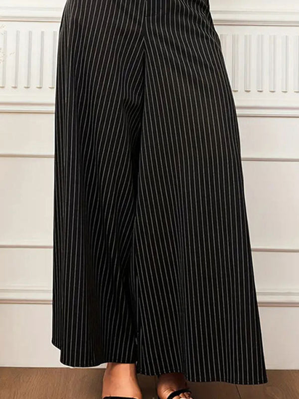 Buttoned Split-Joint Striped High Waisted Wide Leg Trousers Pants