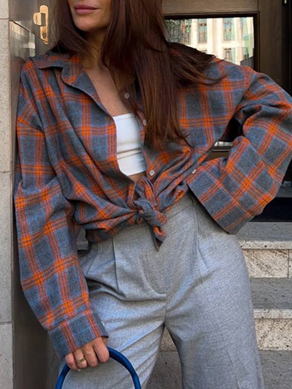 Buttoned Plaid Pockets Split-Joint Long Sleeves Loose Lapel Blouses&shirts Tops