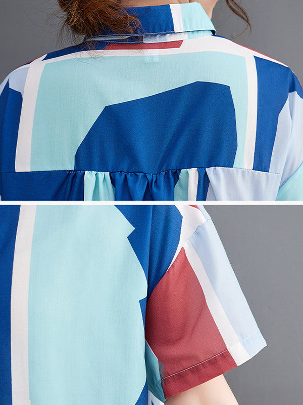 Cartoon Printed Multi-Colored Loose Short Sleeves Lapel Shirt Dress Midi Dresses