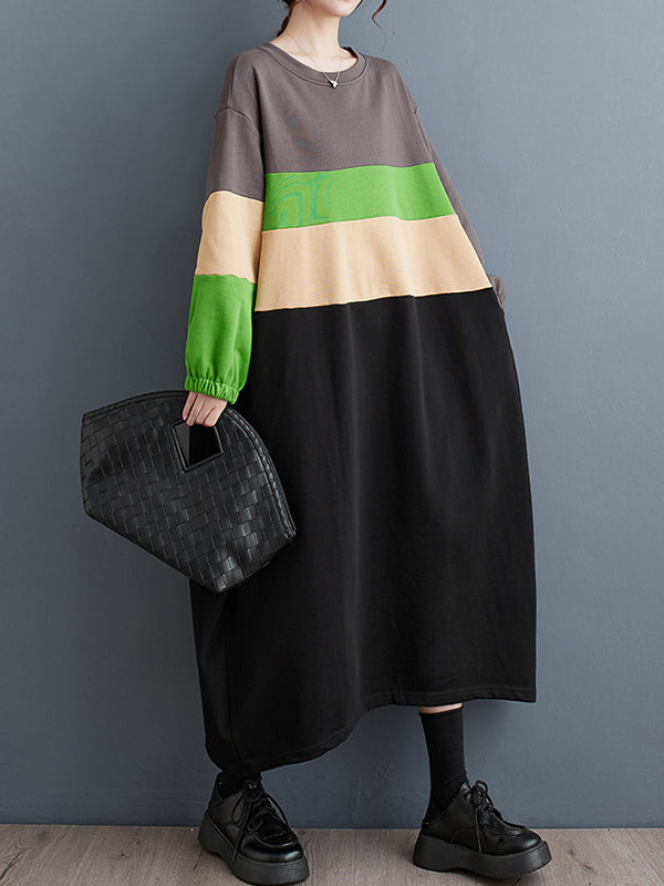 Contrast Color Elasticity Split-Joint A-Line Long Sleeves Round-Neck Midi Dresses