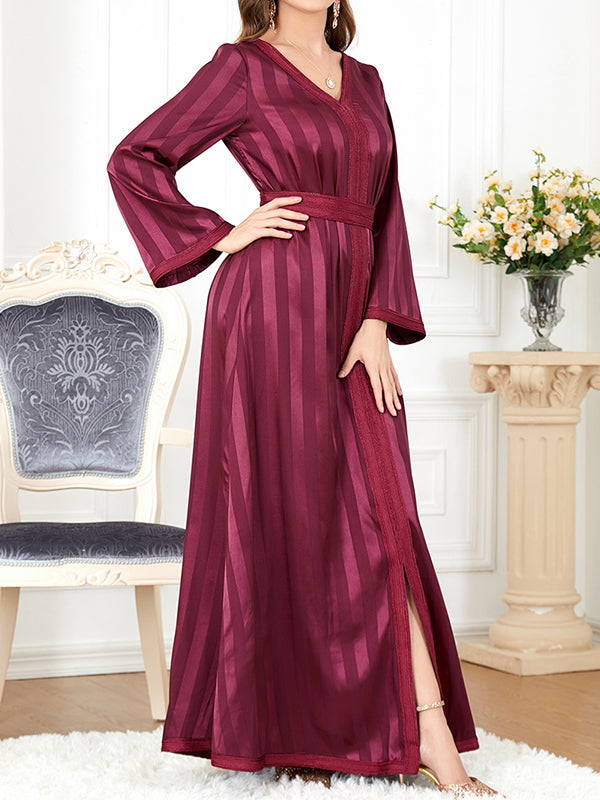 Split-Front Split-Joint Striped Tied Waist A-Line Long Sleeves Maxi Dresses