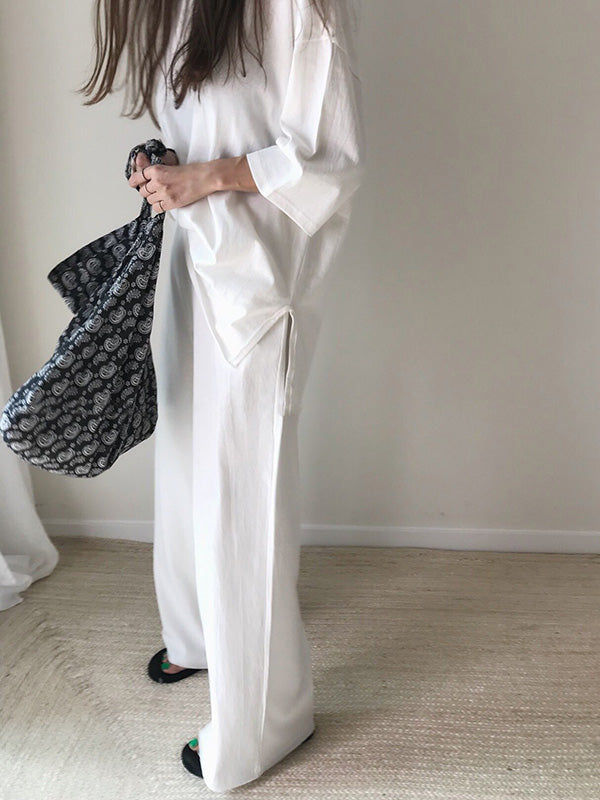 Fringed Solid Color Split-Side Round-Neck T-shirt+ Pants Two Pieces Set