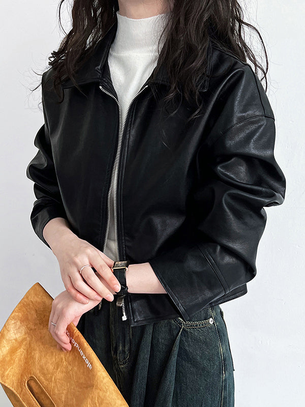 Solid Color Zipper Long Sleeves Loose Lapel Collar Outerwear Jackets&Coats