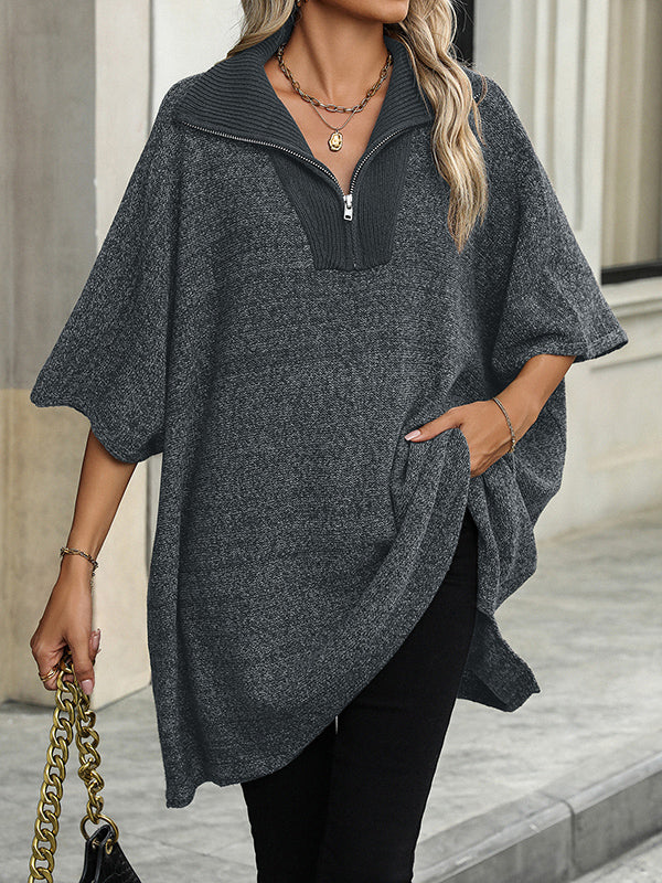 Split-Joint Zipper Loose Three-Quarter Sleeves V-Neck Sweater Tops
