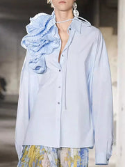 Asymmetric Buttoned Pleated Solid Color Split-Joint Three-Dimensional Flower Long Sleeves Loose Lapel Blouses&Shirts Tops