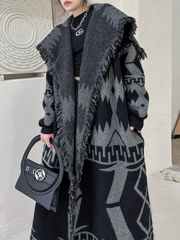 Contrast Color Geometric Split-Joint Tasseled Long Sleeves Loose Lapel Overcoat Outerwear