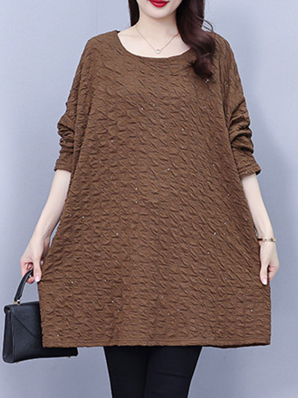 Solid Color A-line Long Sleeves Round-neck T-Shirts Tops