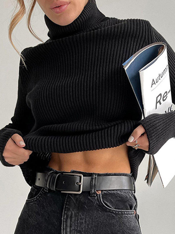 Long Sleeves Skinny Solid Color High Neck Pullovers Sweater Sweater Tops