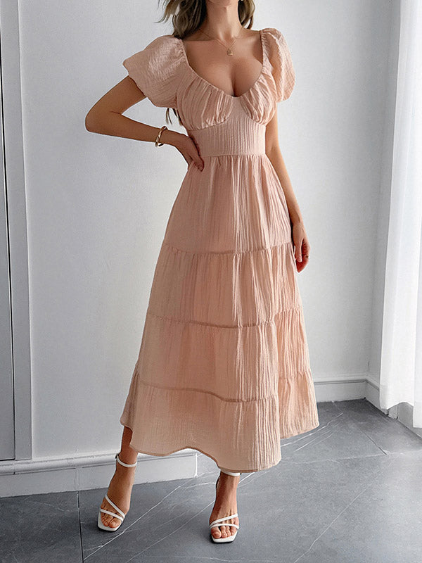 Backless Pleated Solid Color Tied A-Line Loose V-Neck Midi Dresses