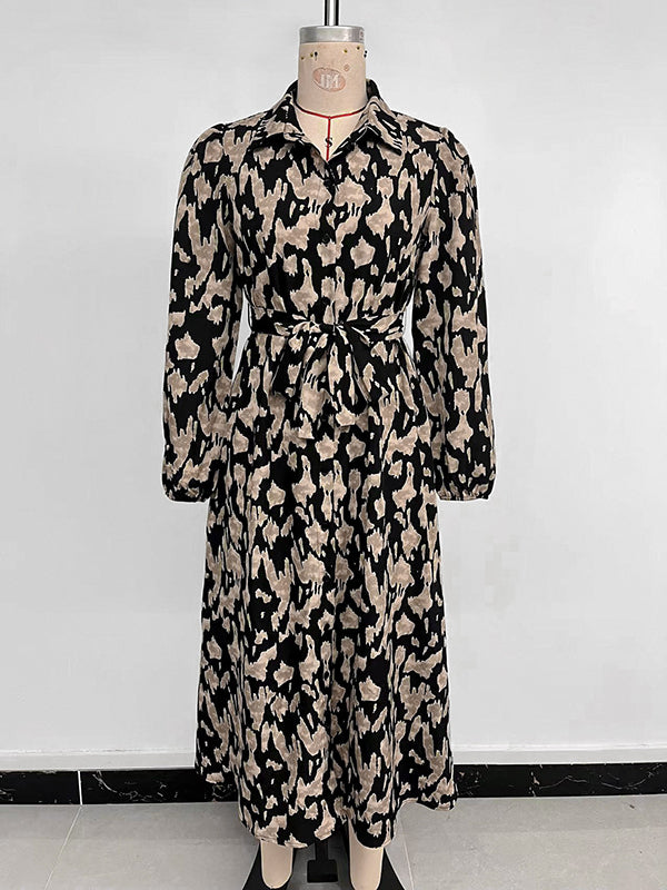 Printed Split-Joint Tied Waist Long Sleeves Loose Lapel Shirt Dress Midi Dresses