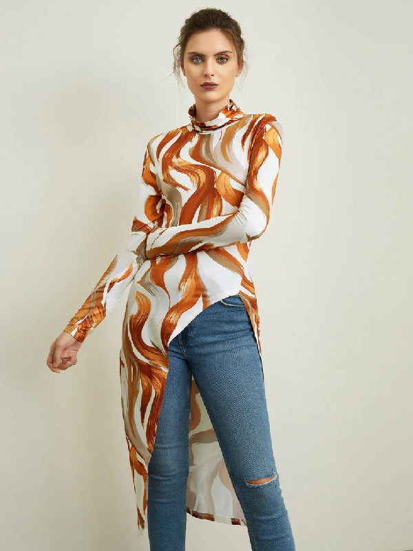 Printed High-low Long Sleeves High-neck T-Shirts Tops