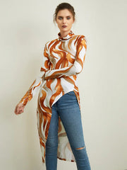 Printed High-low Long Sleeves High-neck T-Shirts Tops