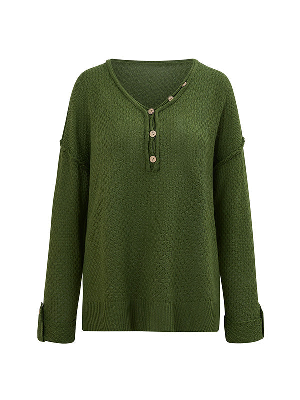 Buttoned Split-Side Long Sleeves Loose V-Neck Sweater Tops Pullovers