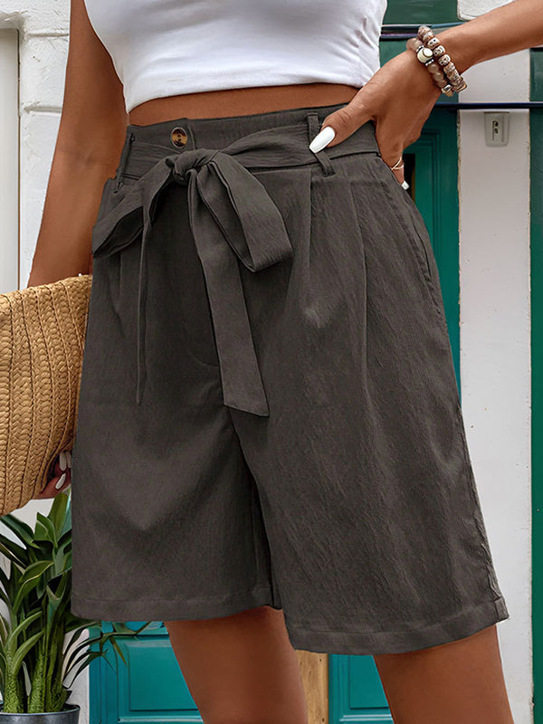 Buttoned Elasticity Pleated Pockets Tied Waist High Waisted Loose Shorts Bottoms
