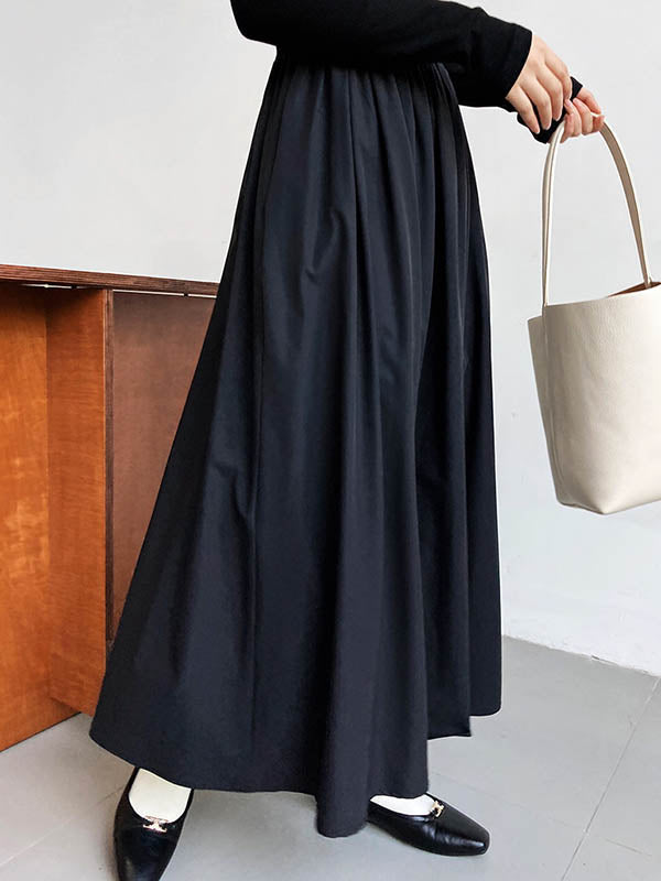 Pleated Solid Color Split-Joint A-Line Long Sleeves Midi Dresses