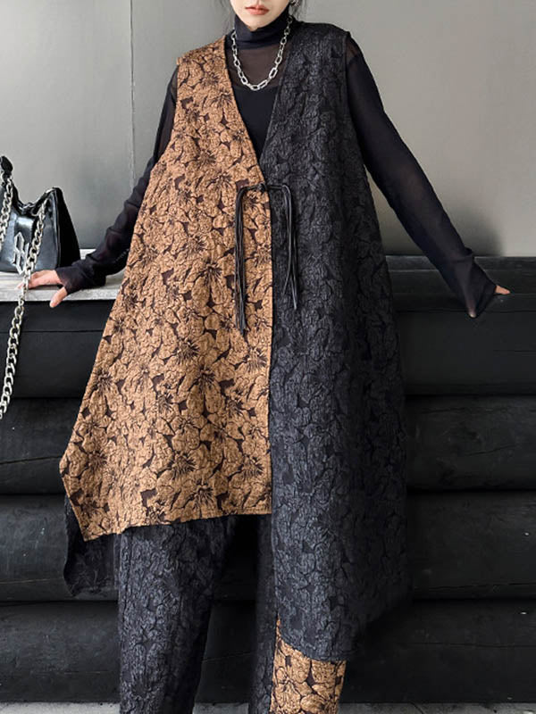 Jacquard A-Line High-Low Asymmetric Contrast Color Vest Top + Elasticity Pants Bottom Two Pieces Set