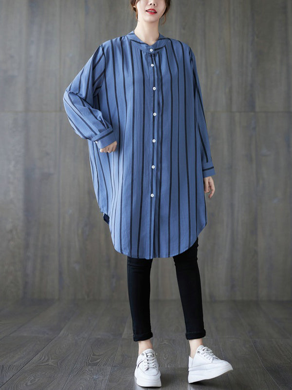 Buttoned Striped Long Sleeves Loose Blouses&Shirts Tops