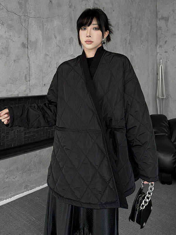 Plaid Quilted Solid Color Split-Joint Tied Long Sleeves Loose Collarless Padded Coat Outerwear