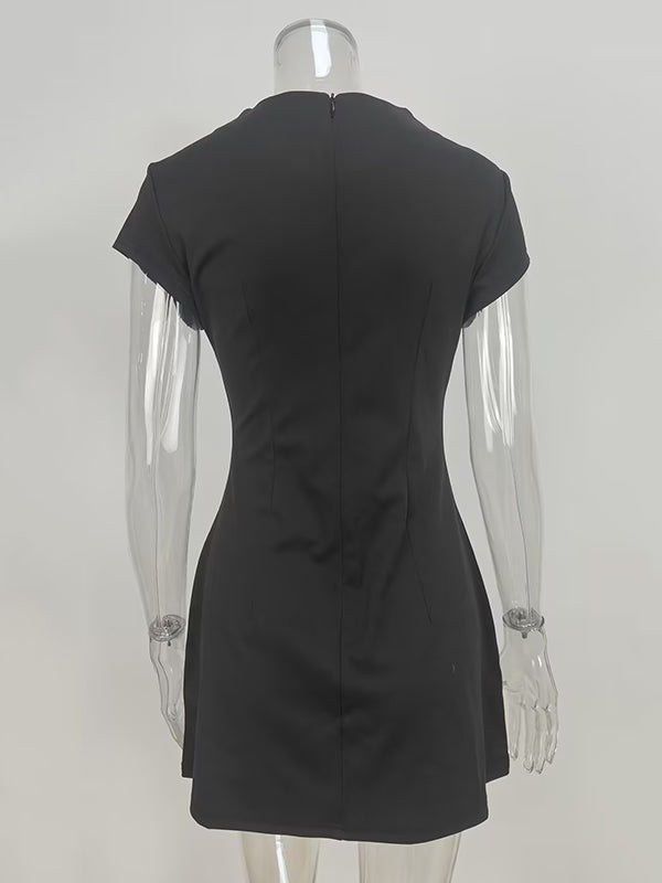 Pockets Solid Color Split-Joint A-Line High Waisted Mock Neck Mini Dresses