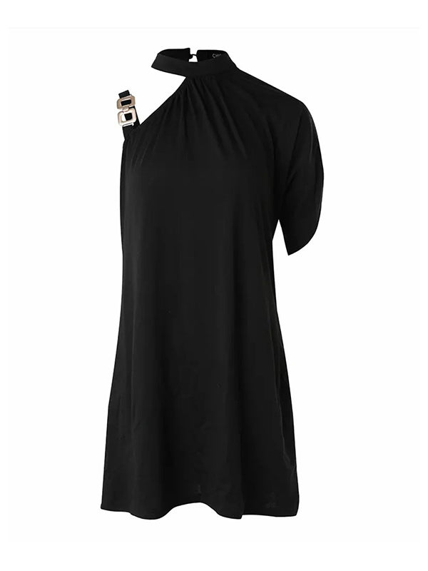 Solid Color Loose Sleeveless Stand Collar Mini Dresses