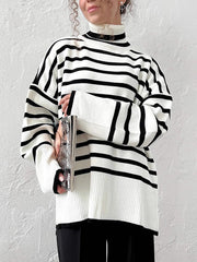 Split-Joint Split-side Striped High-low Long Sleeves High Neck Sweater Tops