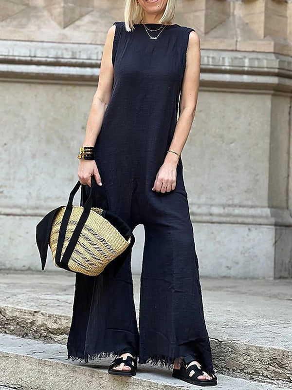 Solid Color Loose Sleeveless Round-Neck Jumpsuits