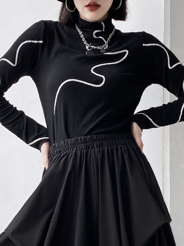 Printed Long Sleeves Skinny Mock Neck T-Shirts Tops