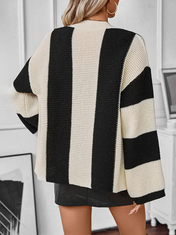 Buttoned Contrast Color Split-Joint Striped Long Sleeves Loose V-Neck Cardigan Tops