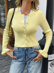 Buttoned Ribbed Knit Single-Breasted Solid Color Long Sleeves Ruffle Sleeves Collarless Outerwear Cardigan Tops