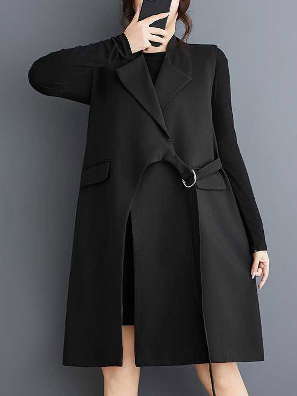 Asymmetric Solid Color Split-Joint Loose Sleeveless Notched Collar Vest Outerwear