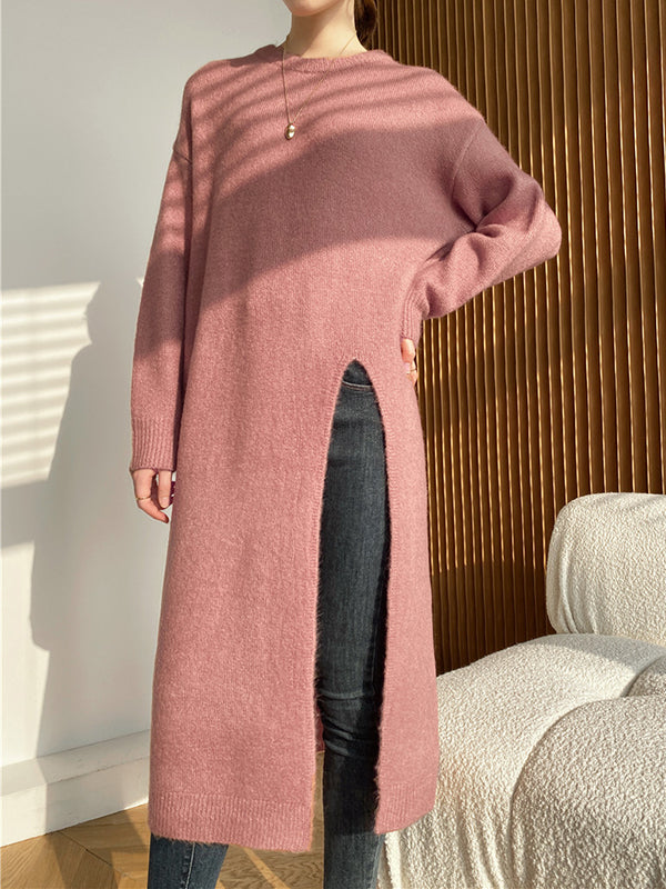 Loose Split-Side Solid Color Round-Neck Knitting Sweater Dresses