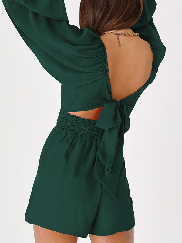 Backless Elasticity Solid Color Tied High Waisted Long Sleeves Square-Neck Rompers