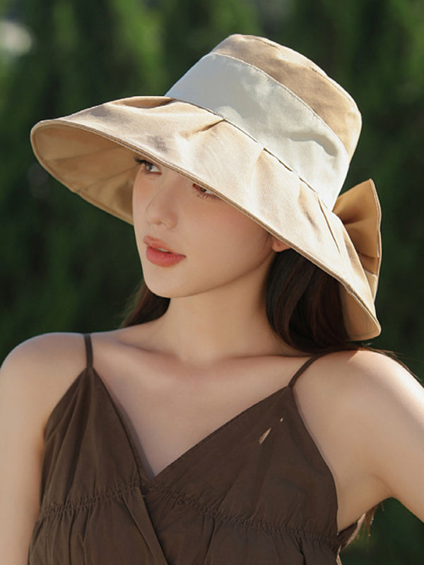 Bowknot Contrast Color Pleated Split-Joint Sun Hat Fisherman Hat