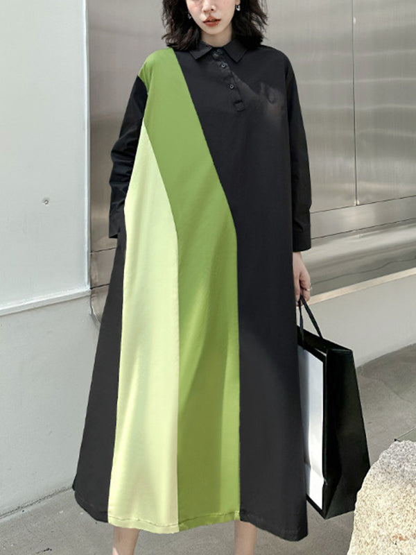 Asymmetric Buttoned Contrast Color Split-Joint Long Sleeves Loose Lapel Shirt Dress Midi Dresses