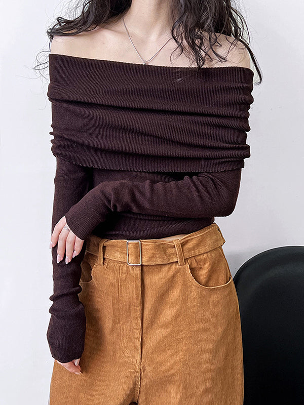 Solid Color Long Sleeves Skinny Off-The-Shoulder Sweater Tops Pullovers