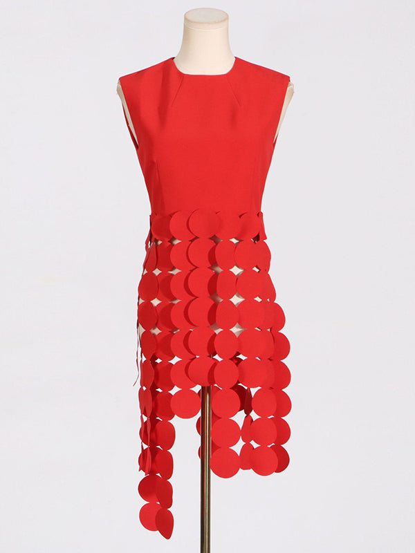 Polka-Dot Solid Color Split-Joint Tasseled Sleeveless Round-Neck Vest Top